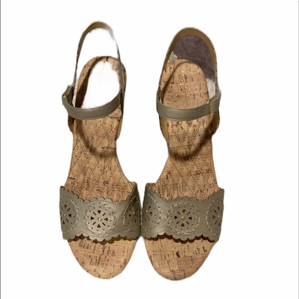 East spirit tan and metallic wedged sandals